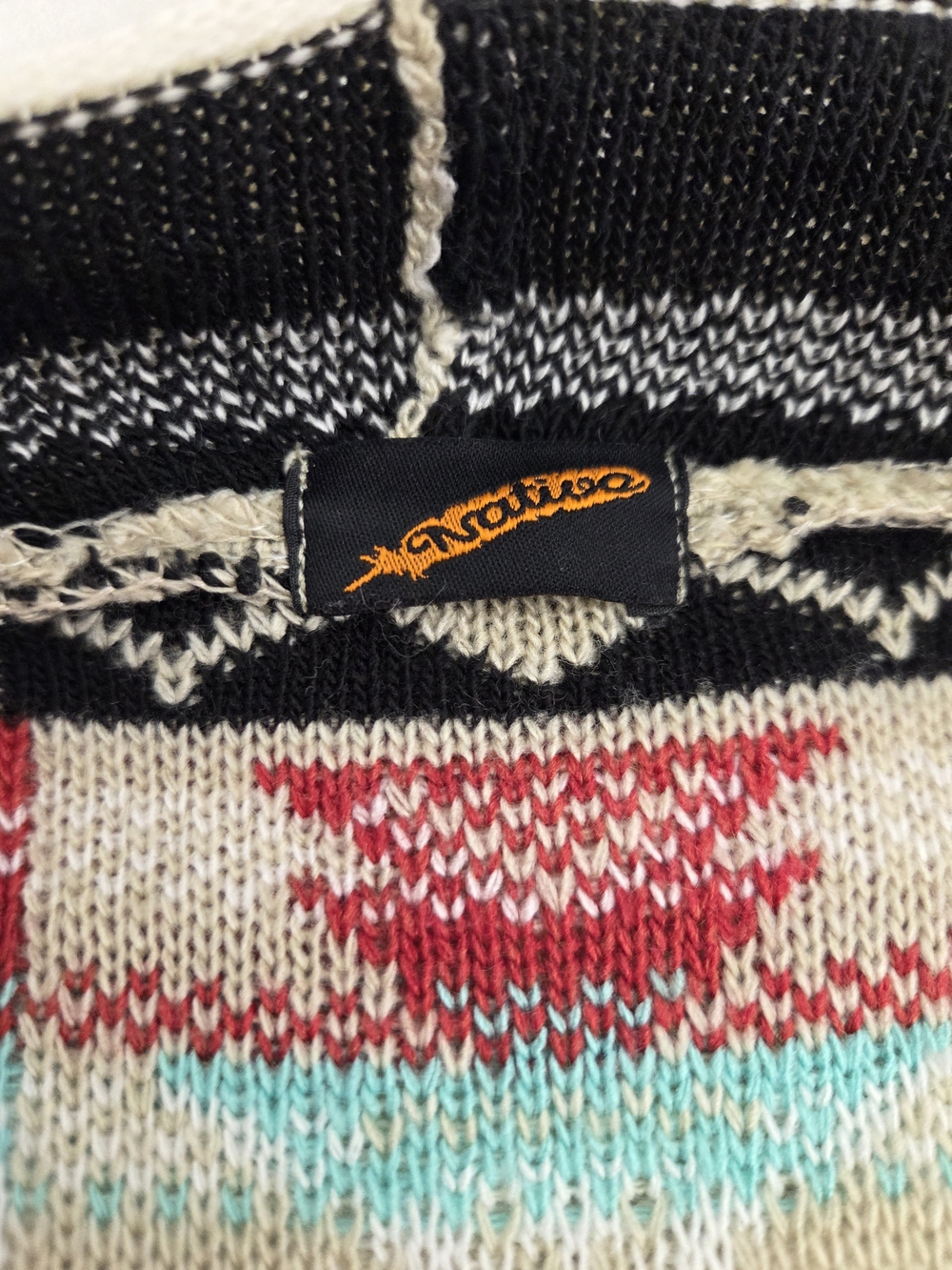 Native Aztec-Pattern Open-Front Cardigan - Cream, Red & Turquoise - Picture 3 of 6